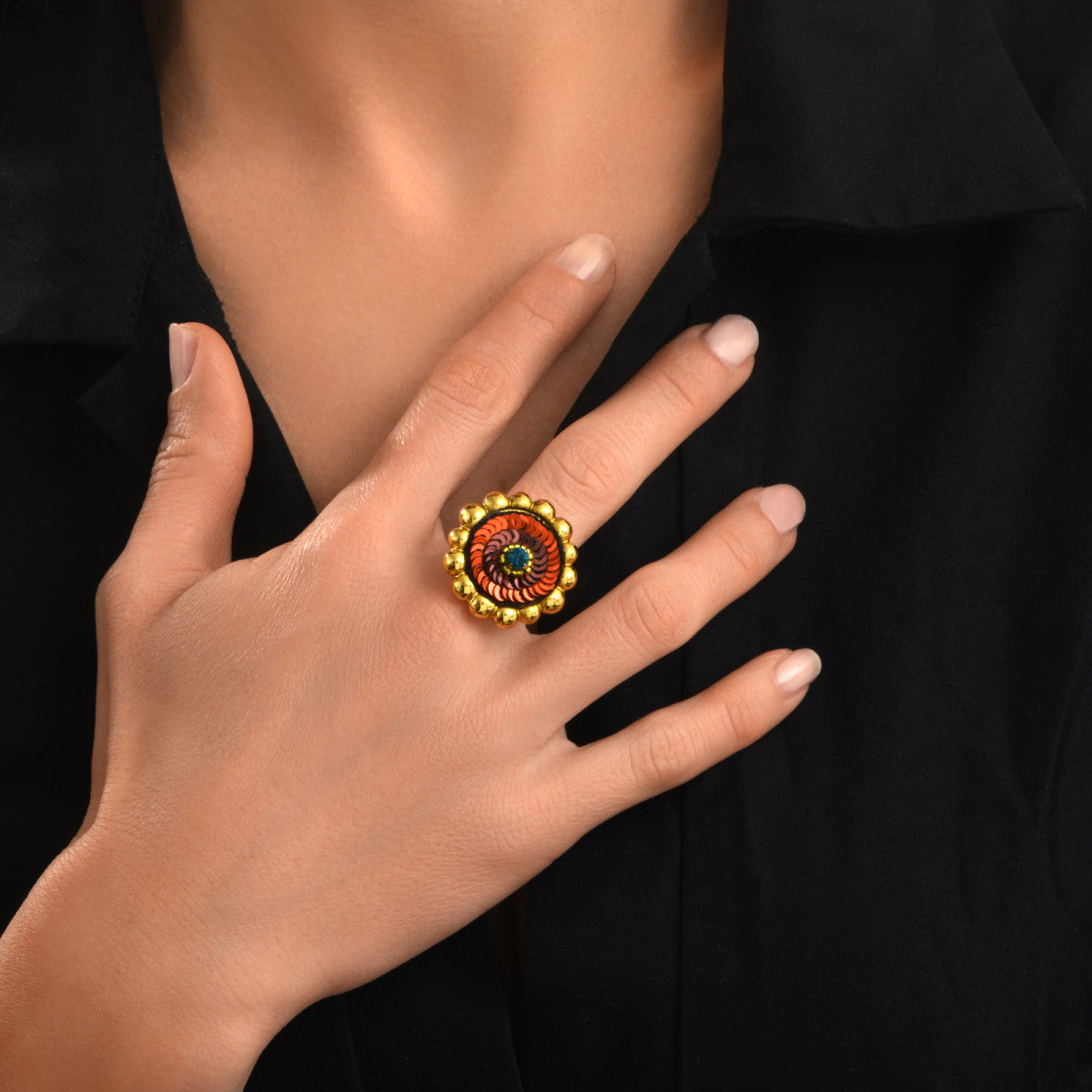 Bague ronde Angèle en résine métallisée et sequins taille M - orange Orange