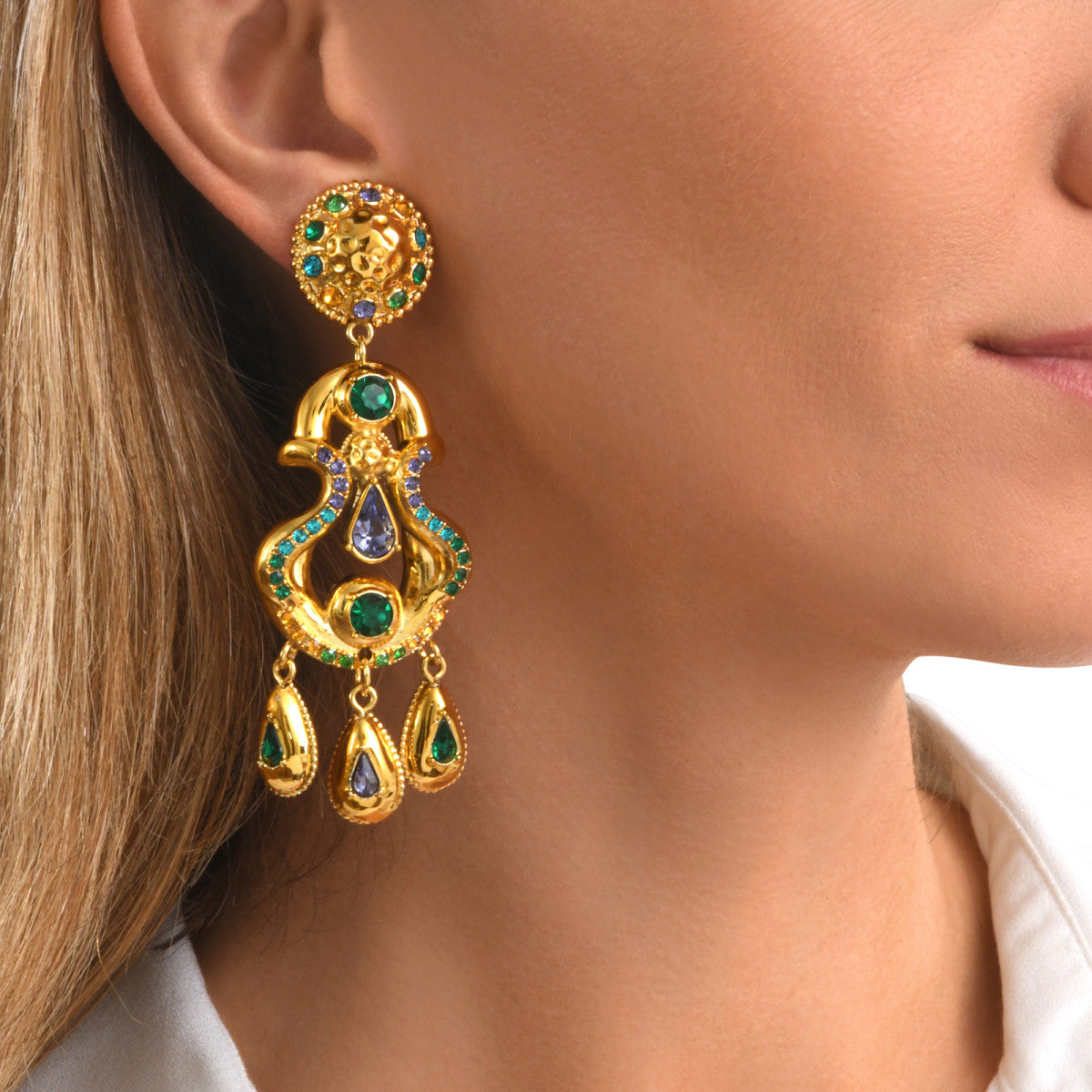 Boucles d'oreilles clips Gloria en résine métallisée et cristaux - vert Bleu vert