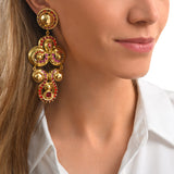 Boucles d'oreilles clips Gloria en résine métallisée dorée et cristaux - rouge Rose rouge