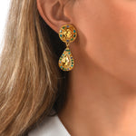 Boucles d'oreilles clips pendantes Gloria résine métallisée et cristaux - vert Bleu vert