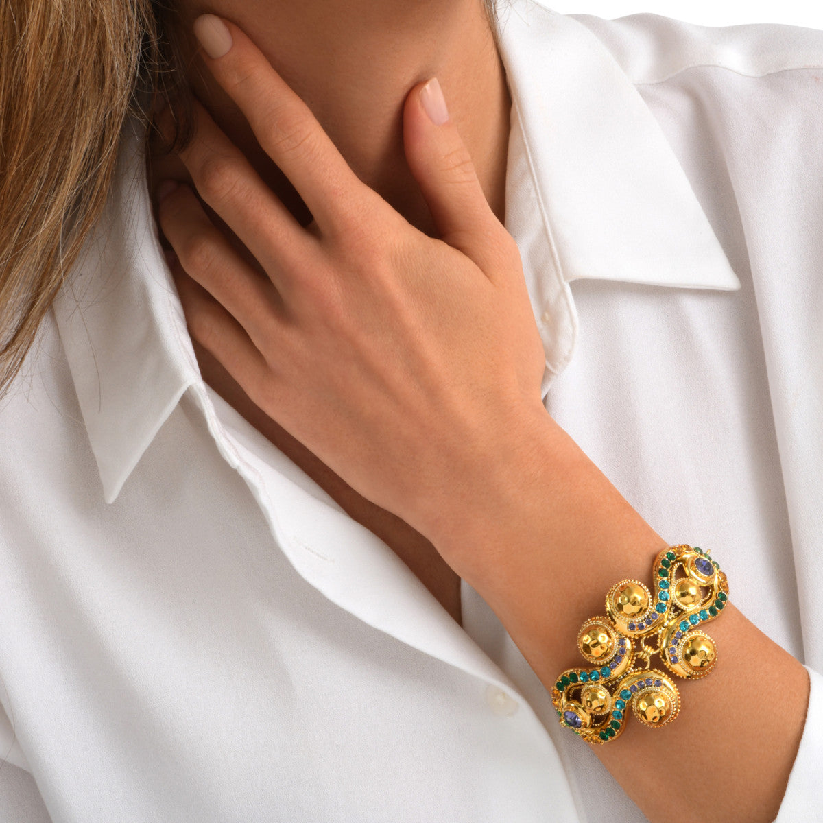 Bracelet chaine réglable Gloria en résine métallisée et cristaux - vert Bleu vert