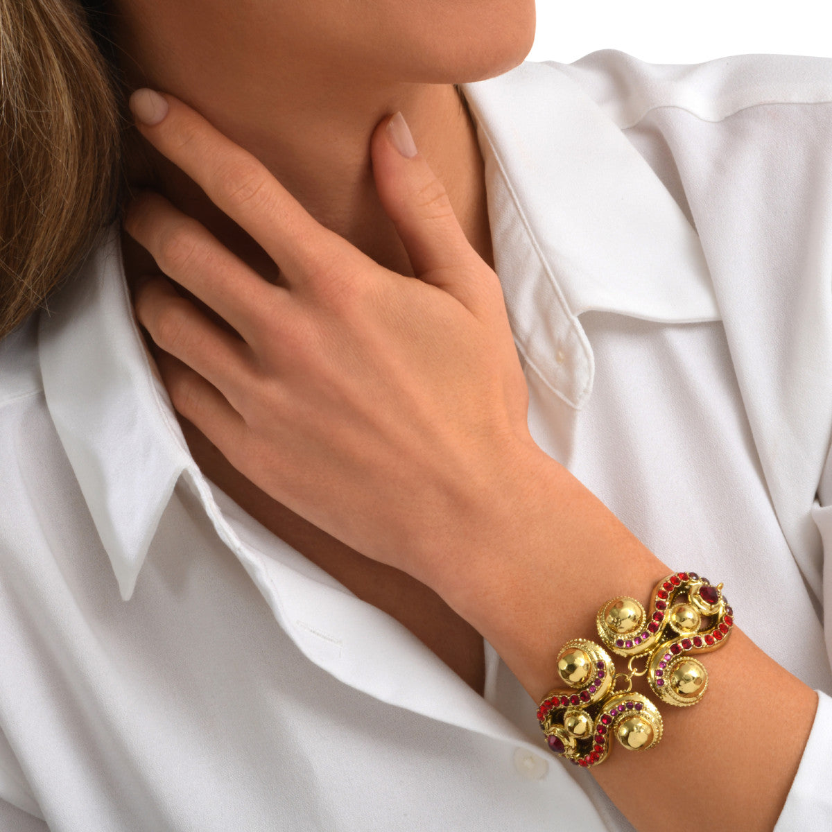 Bracelet chaine réglable Gloria en résine métallisée et cristaux - rouge Rose rouge