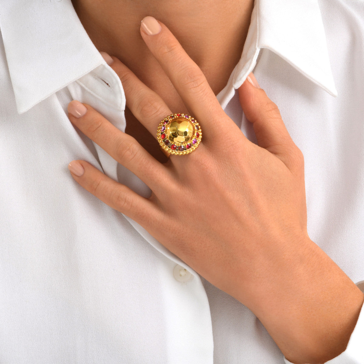 Bague Gloria en résine métallisée et cristaux taille M - rouge Rose rouge