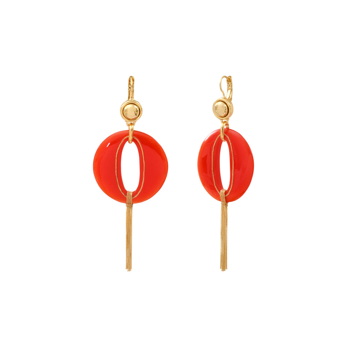 Boucles d'oreilles dormeuses longues Masseria en résine pompon doré - corail Corail