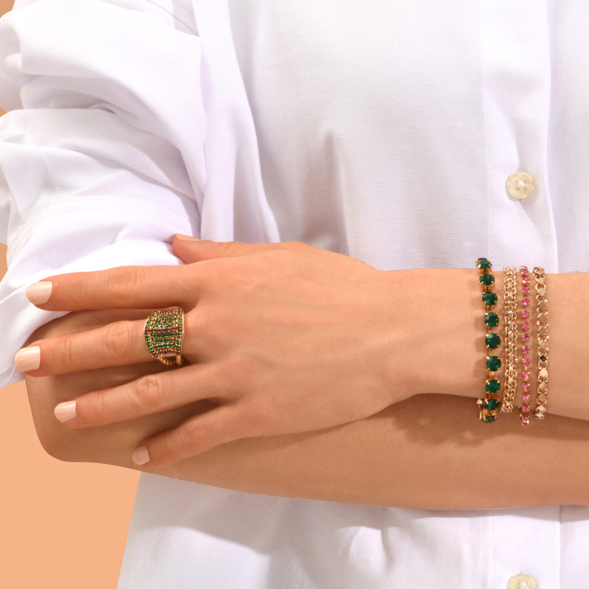 Bracelet chaînette 4 rangs cristaux Prestige - vert & violet Vert rose