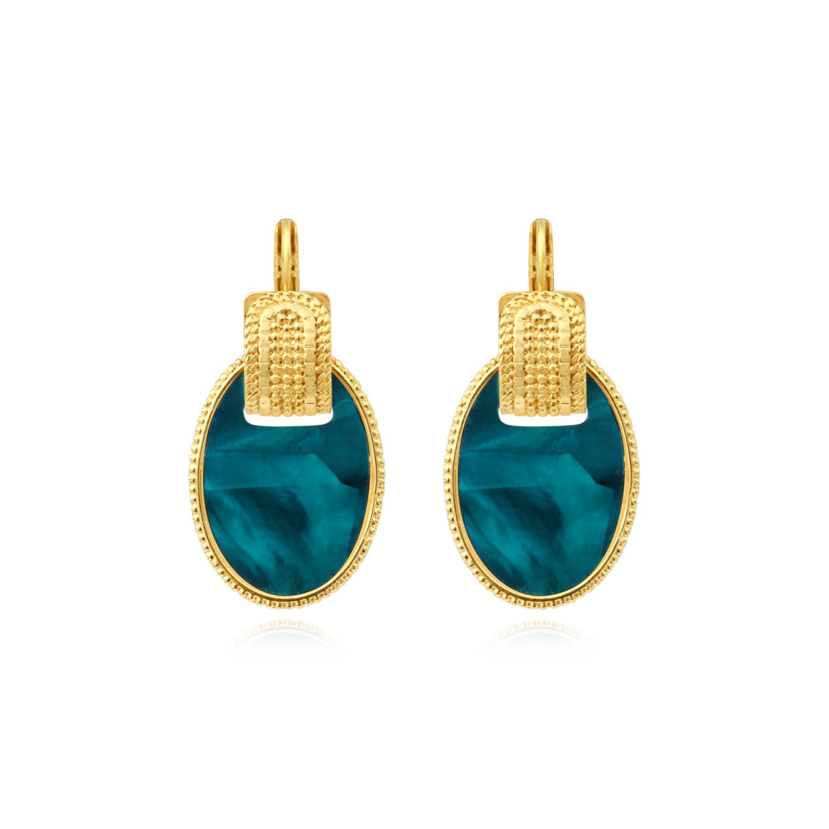 Boucles d'oreilles dormeuses Ashanti en nacre ovale et métal - turquoise vert Turquoise vert
