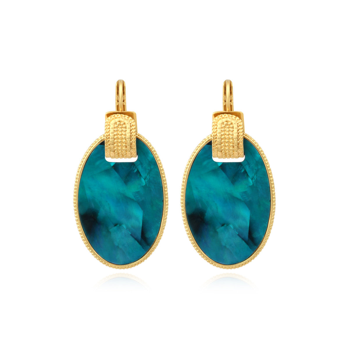 Boucles d'oreilles dormeuses Ashanti en nacre ovale et métal - turquoise vert Turquoise vert