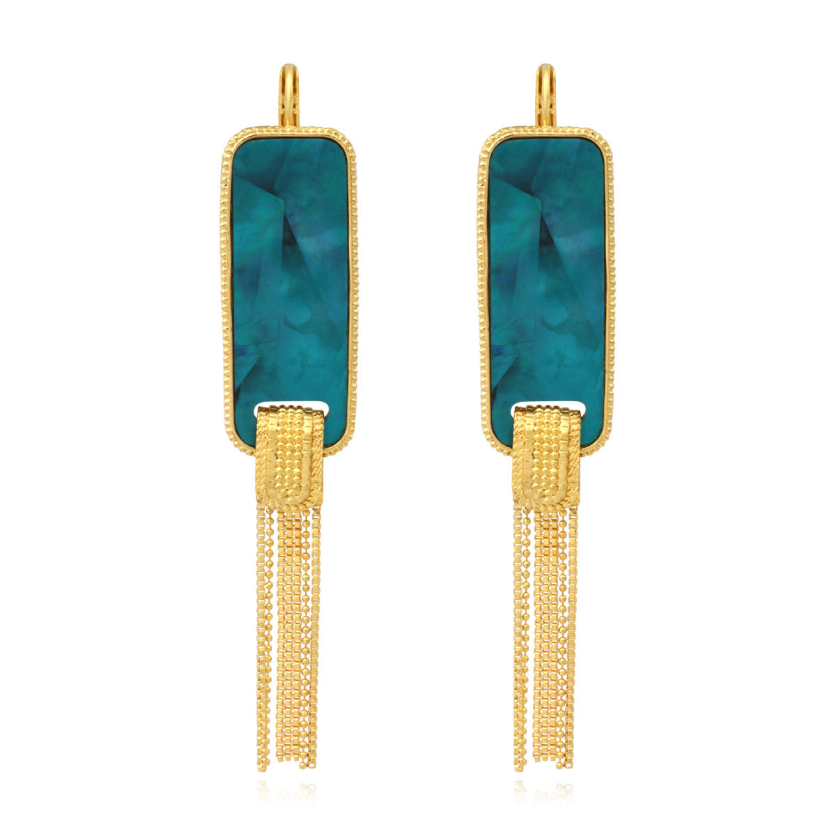 Boucles d'oreilles dormeuses Ashanti en nacre rectangulaire et chaînes - turquoise vert Turquoise vert