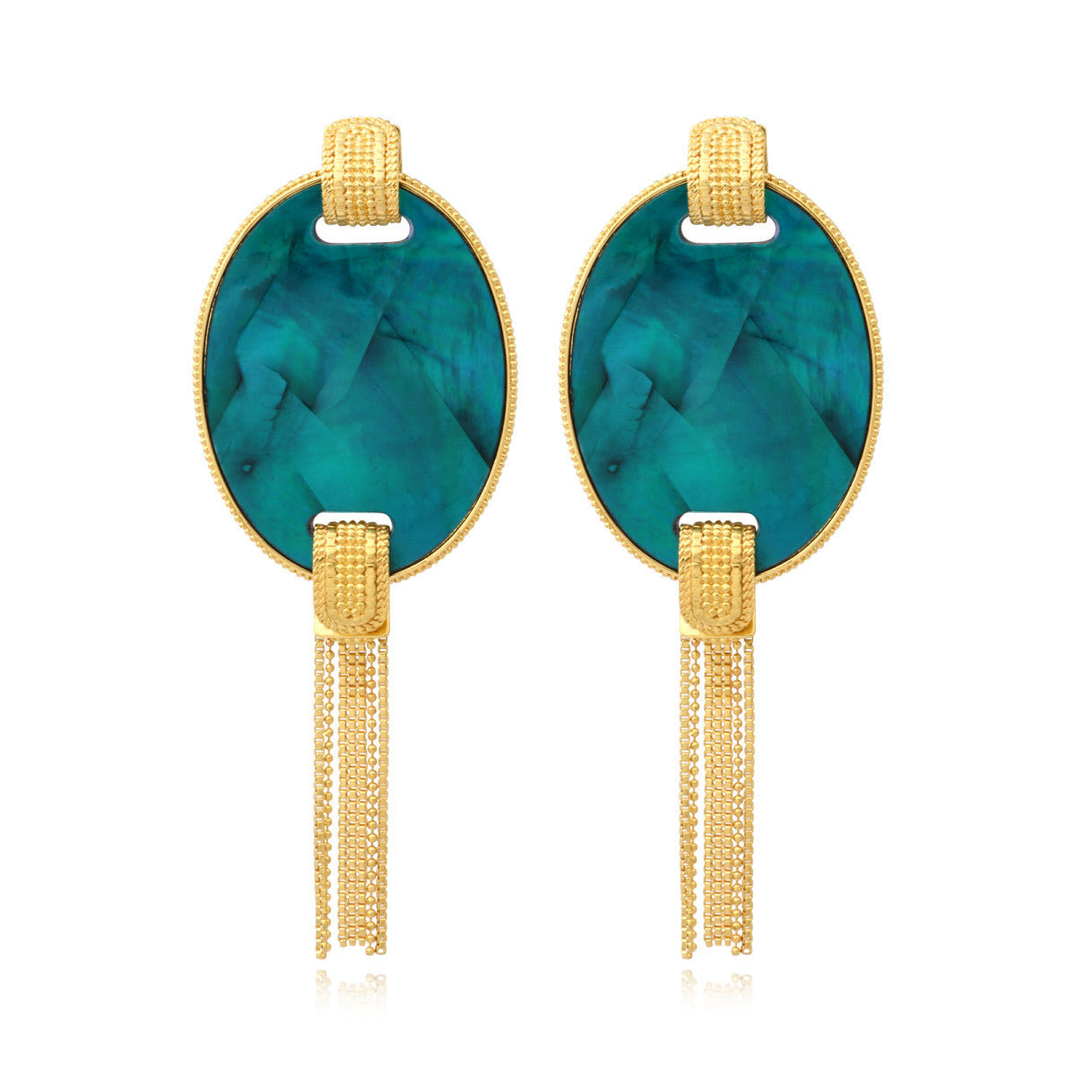 Boucles d'oreilles tige Ashanti en nacre ovale, métal et chaînes - turquoise vert Turquoise vert