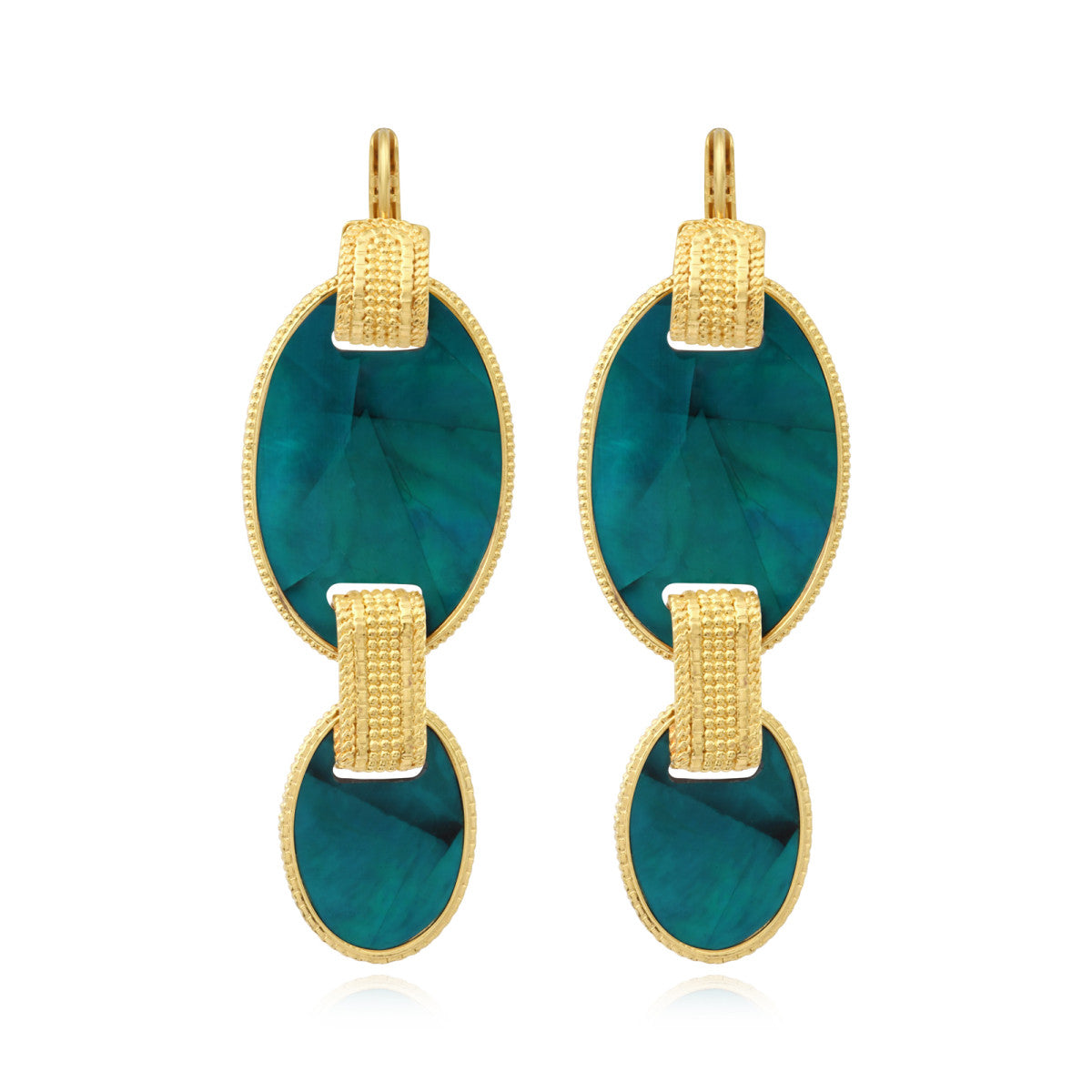 Boucles d'oreilles dormeuses Ashanti en nacre ovale et métal - turquoise vert Turquoise vert