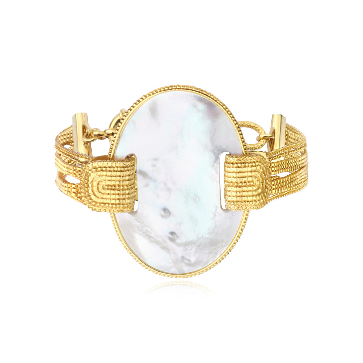 Bracelet Ashanti multirangs en chaînes et nacre ovale - blanc Nacre