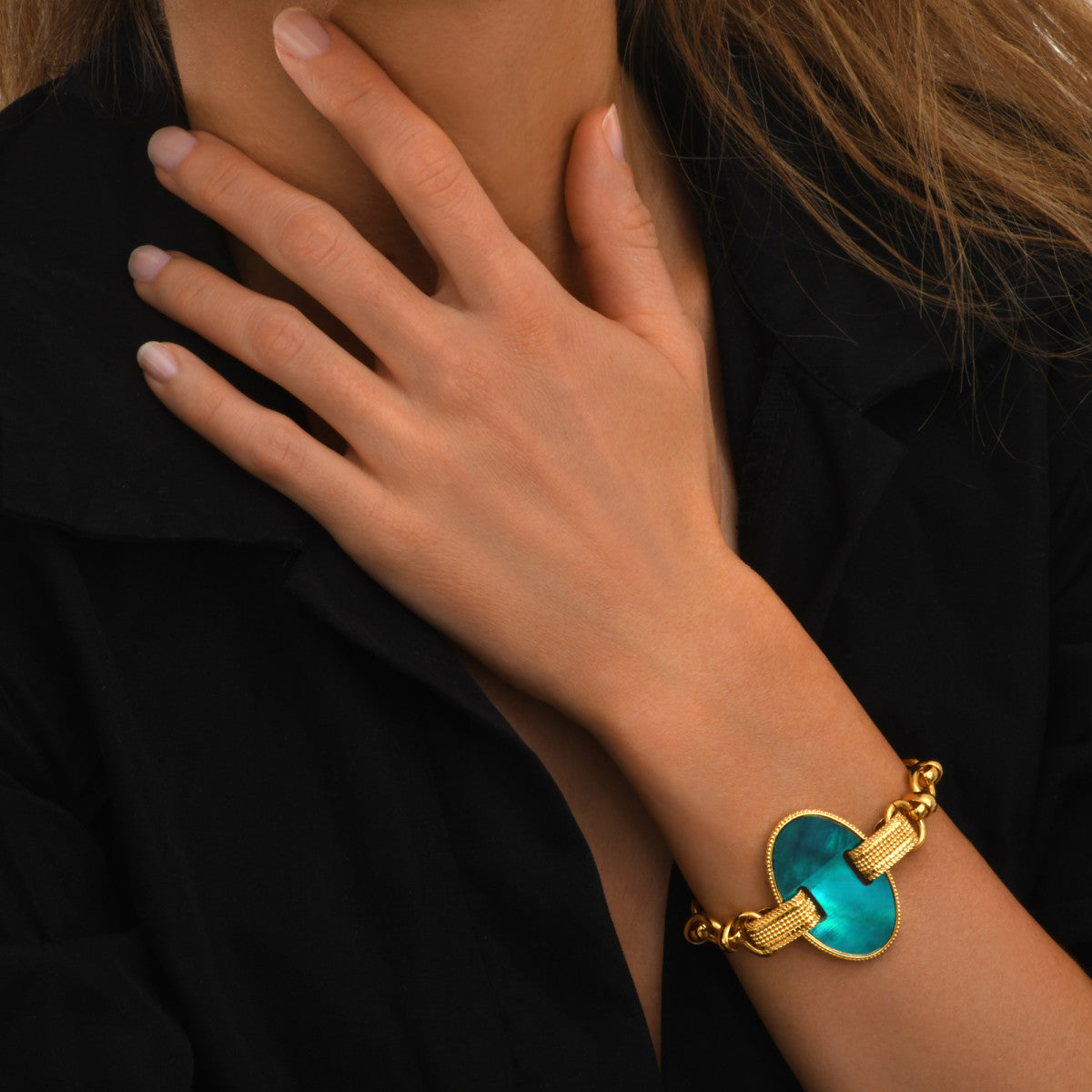 Bracelet Ashanti multirangs en chaînes et nacre ovale - turquoise vert Turquoise vert