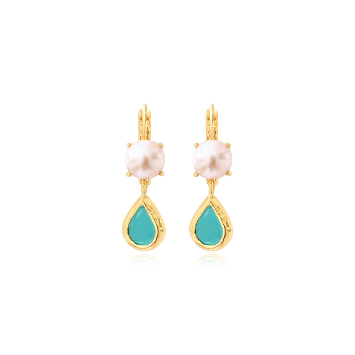 Boucles d'oreilles dormeuses Bysance en métal doré, perle de rivière et cabochon - bleu Bleu