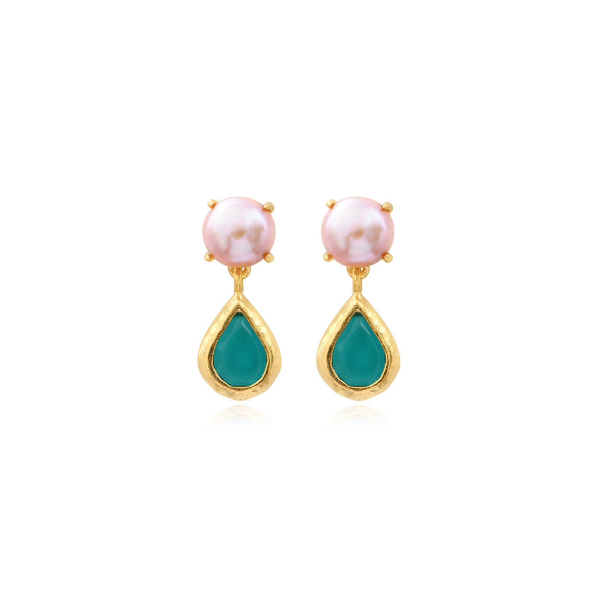 Boucles d'oreilles tige Bysance en métal doré, perle de rivière et cabochon - bleu Bleu