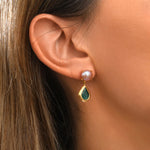 Boucles d'oreilles tige Bysance en métal doré, perle de rivière et cabochon - bleu Bleu