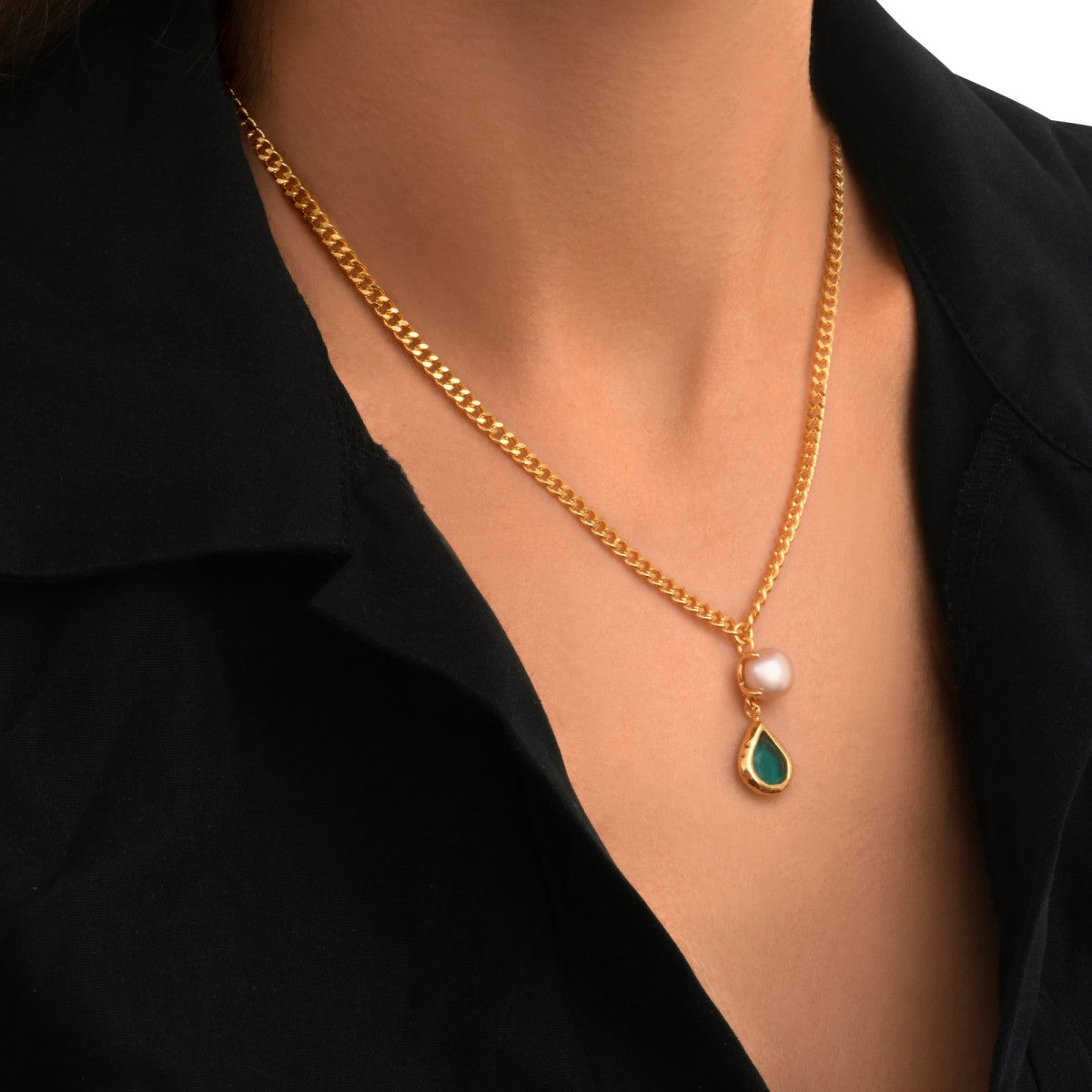 Collier Bysance en métal doré, perle de rivière et cabochon goutte - bleu Bleu