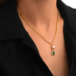 Collier Bysance en métal doré, perle de rivière et cabochon goutte - bleu Bleu