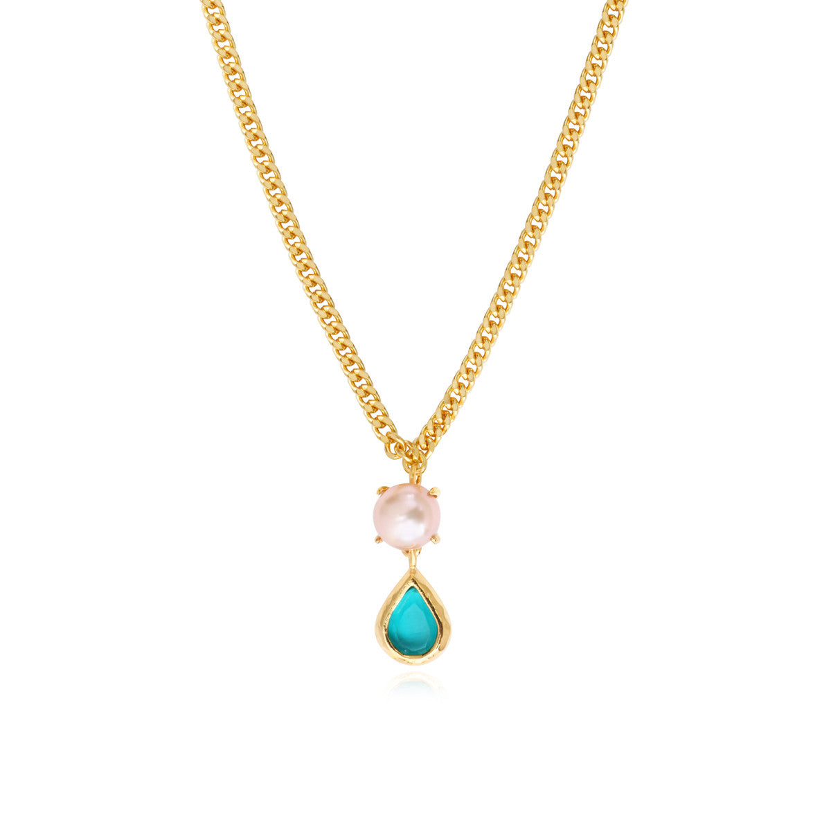 Collier Bysance en métal doré, perle de rivière et cabochon goutte - bleu Bleu