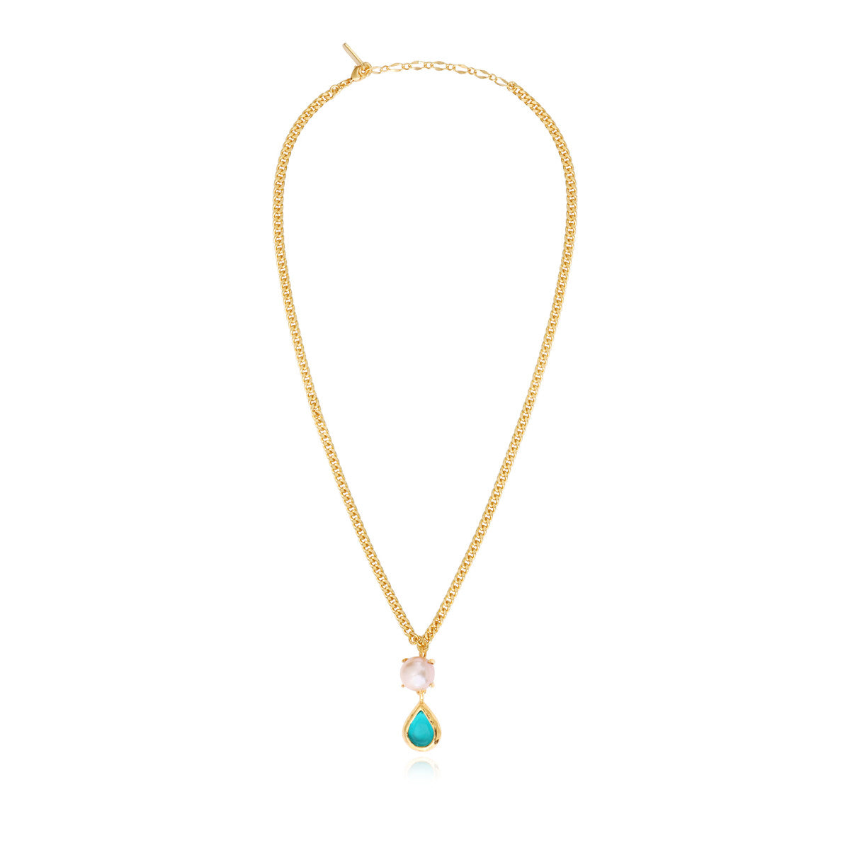 Collier Bysance en métal doré, perle de rivière et cabochon goutte - bleu Bleu