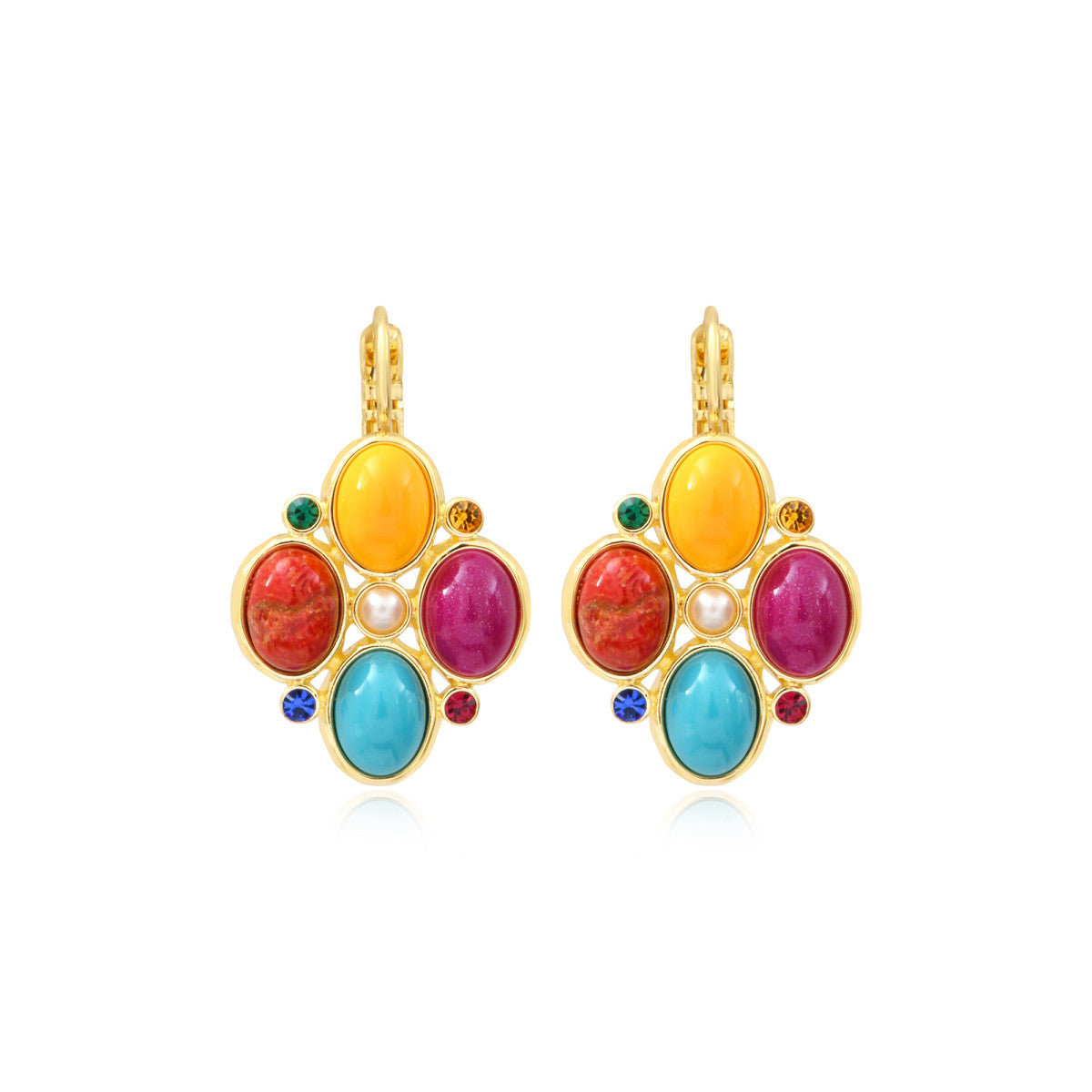 Boucles d'oreilles dormeuses Océane en métal doré, cabochons et strass multicolores - multi Multi