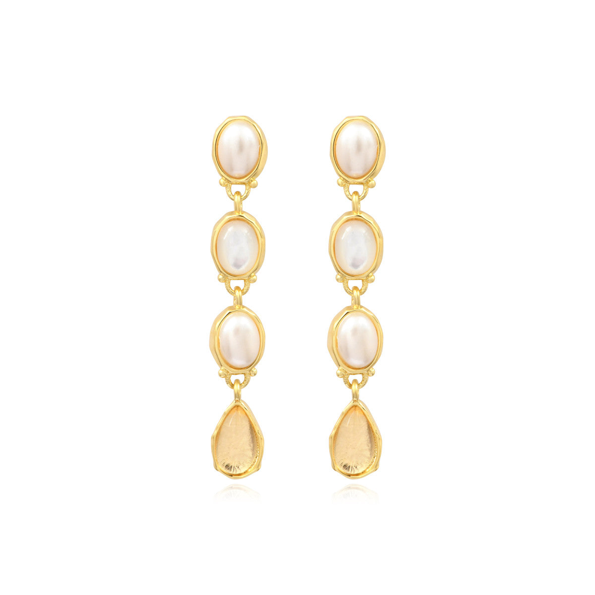 Boucles d'oreilles tige longues Océane en métal doré, nacre et cabochons - blanc Blanc