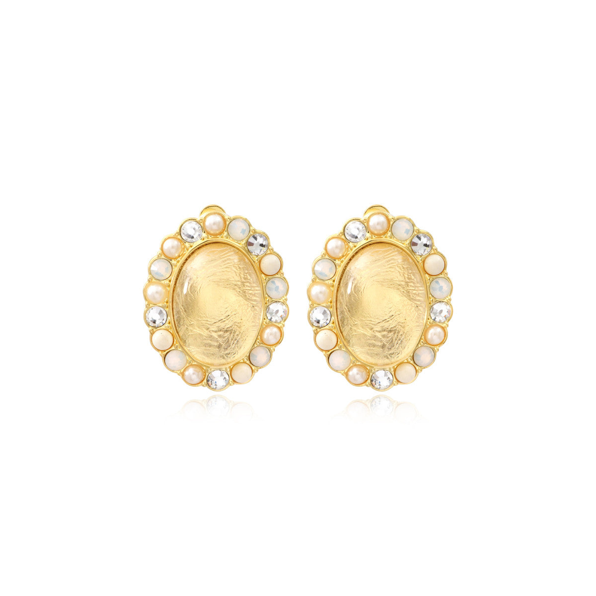 Boucles d'oreilles clip ovales Océane en métal doré, cabochon et strass - blanc Blanc