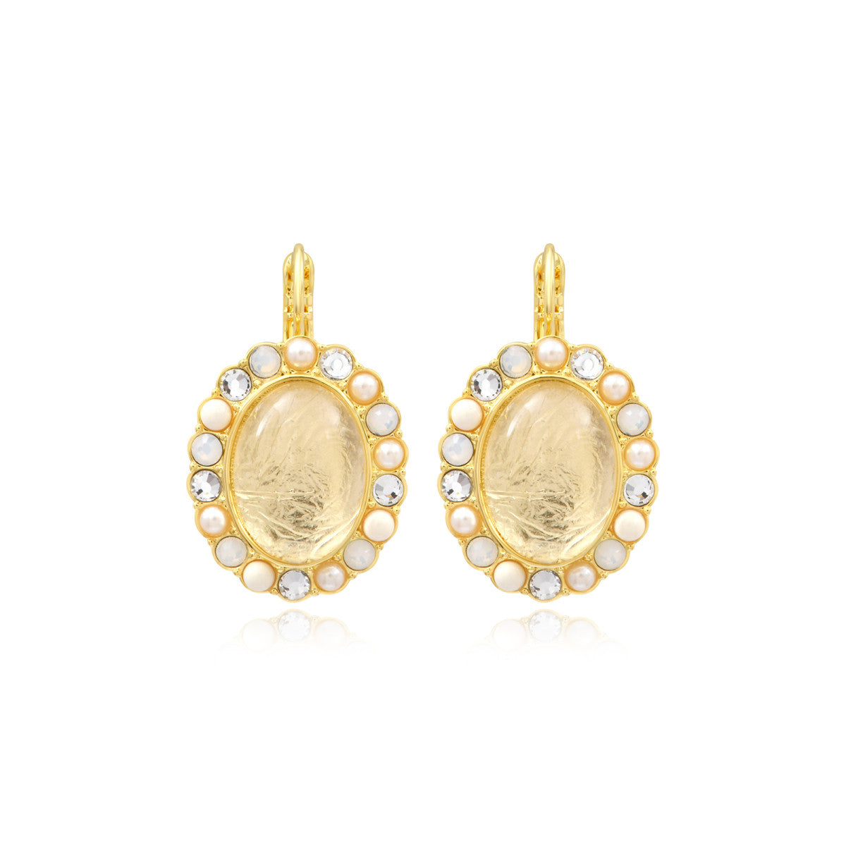 Boucles d'oreilles dormeuses ovales Océane en métal doré, cabochon et strass - blanc Blanc