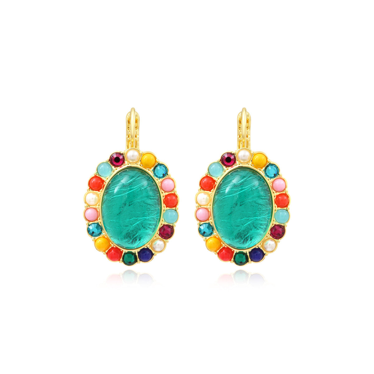 Boucles d'oreilles dormeuses ovales Océane en métal doré, cabochon et strass - multi Multi