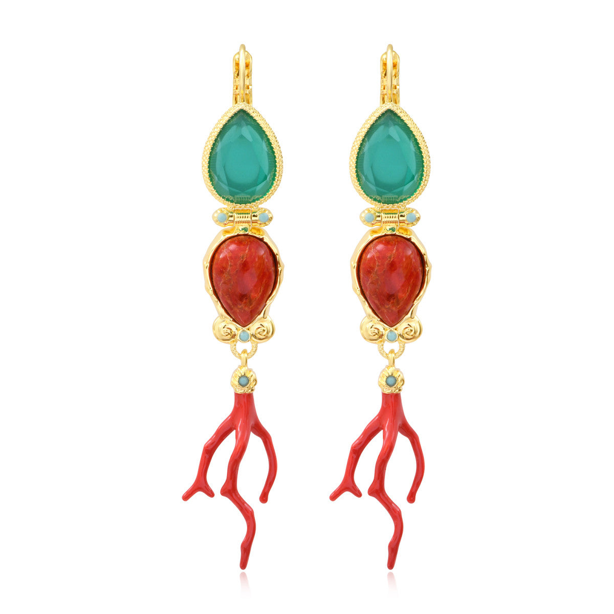 Boucles d'oreilles dormeuses longues Océane en métal doré, cabochons poire et résine émaillée - multi Multi