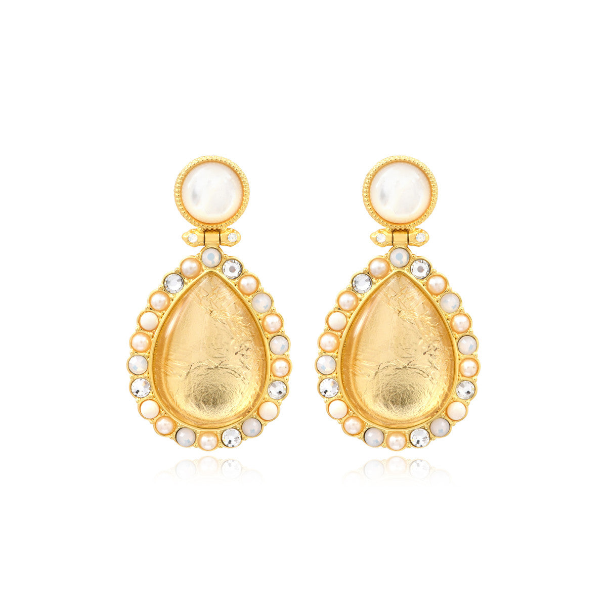 Boucles d'oreilles tige Océane nacre et cabochon goutte sertie de strass - blanc Blanc