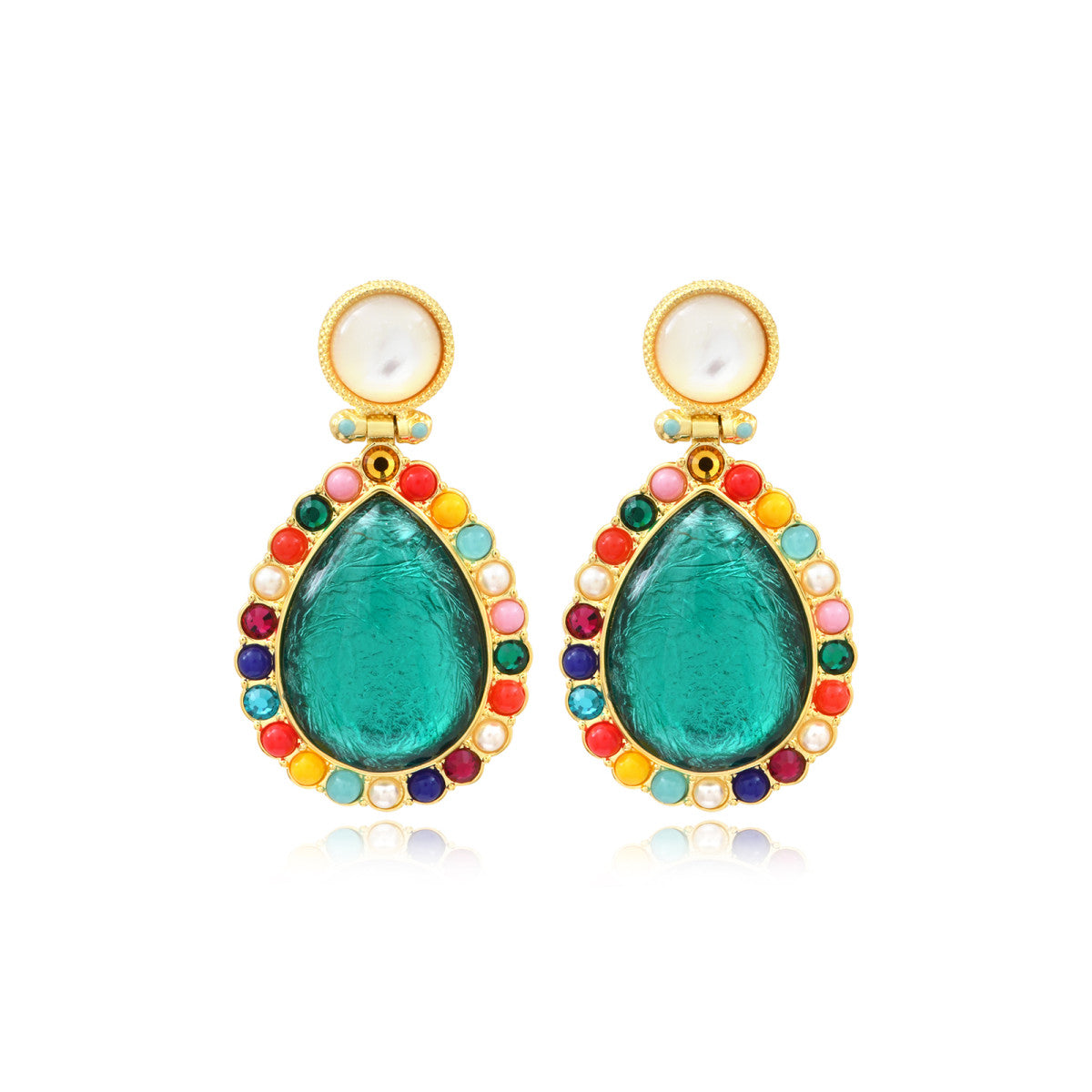 Boucles d'oreilles tige Océane nacre et cabochon goutte sertie de strass - multicolore Multi