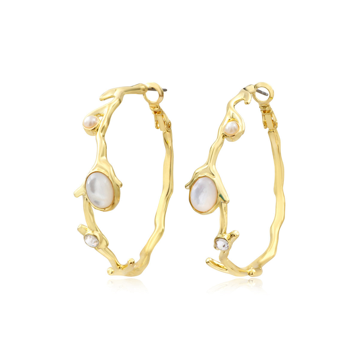 Boucles d'oreilles créoles Océane en métal doré avec strass et cabochon - blanc Blanc