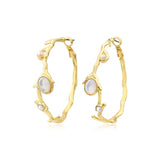 Boucles d'oreilles créoles Océane en métal doré avec strass et cabochon - blanc Blanc
