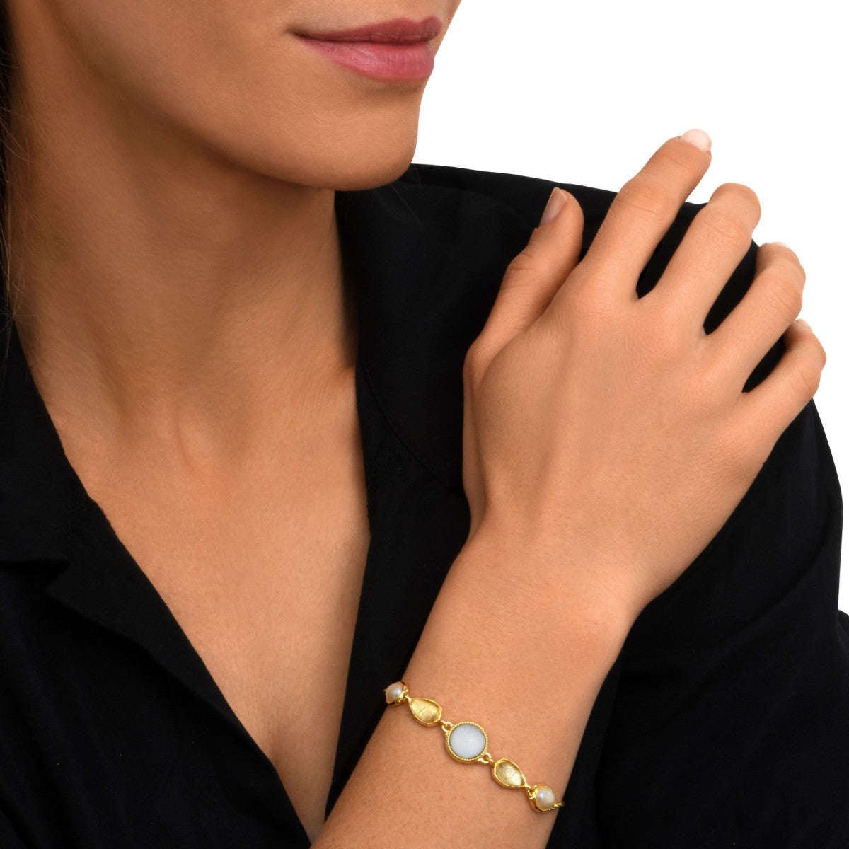 Bracelet Océane en métal doré, cabochons blancs et transparents - blanc Blanc