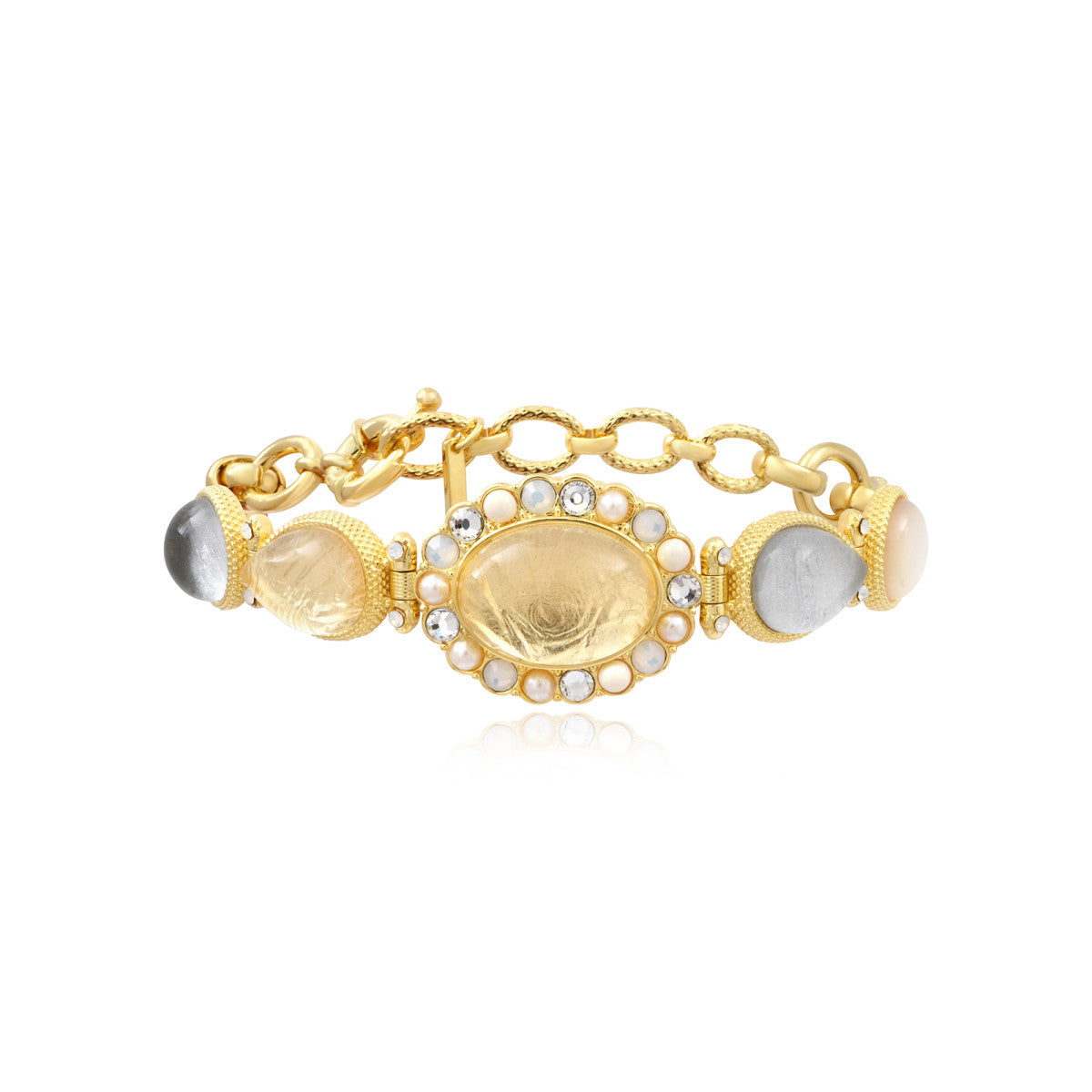 Bracelet Océane à grosses mailles dorées, cabochon ovale transparent et dégradé de cabochons blancs - blanc Blanc