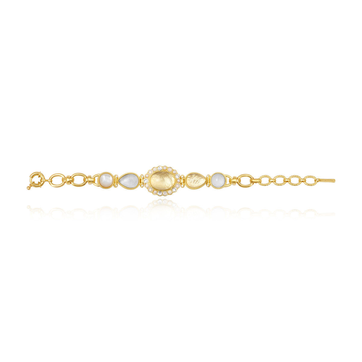 Bracelet Océane à grosses mailles dorées, cabochon ovale transparent et dégradé de cabochons blancs - blanc Blanc