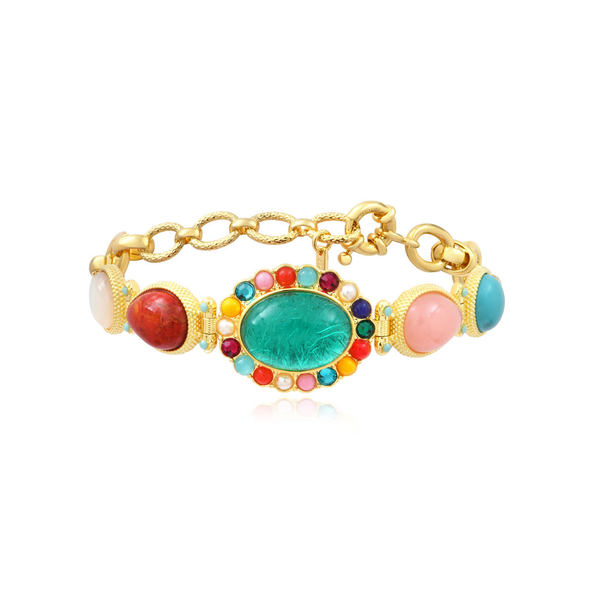 Bracelet Océane doré à grosses mailles, cabochon central turquoise et dégradé de cabochons colorés - multi Multi