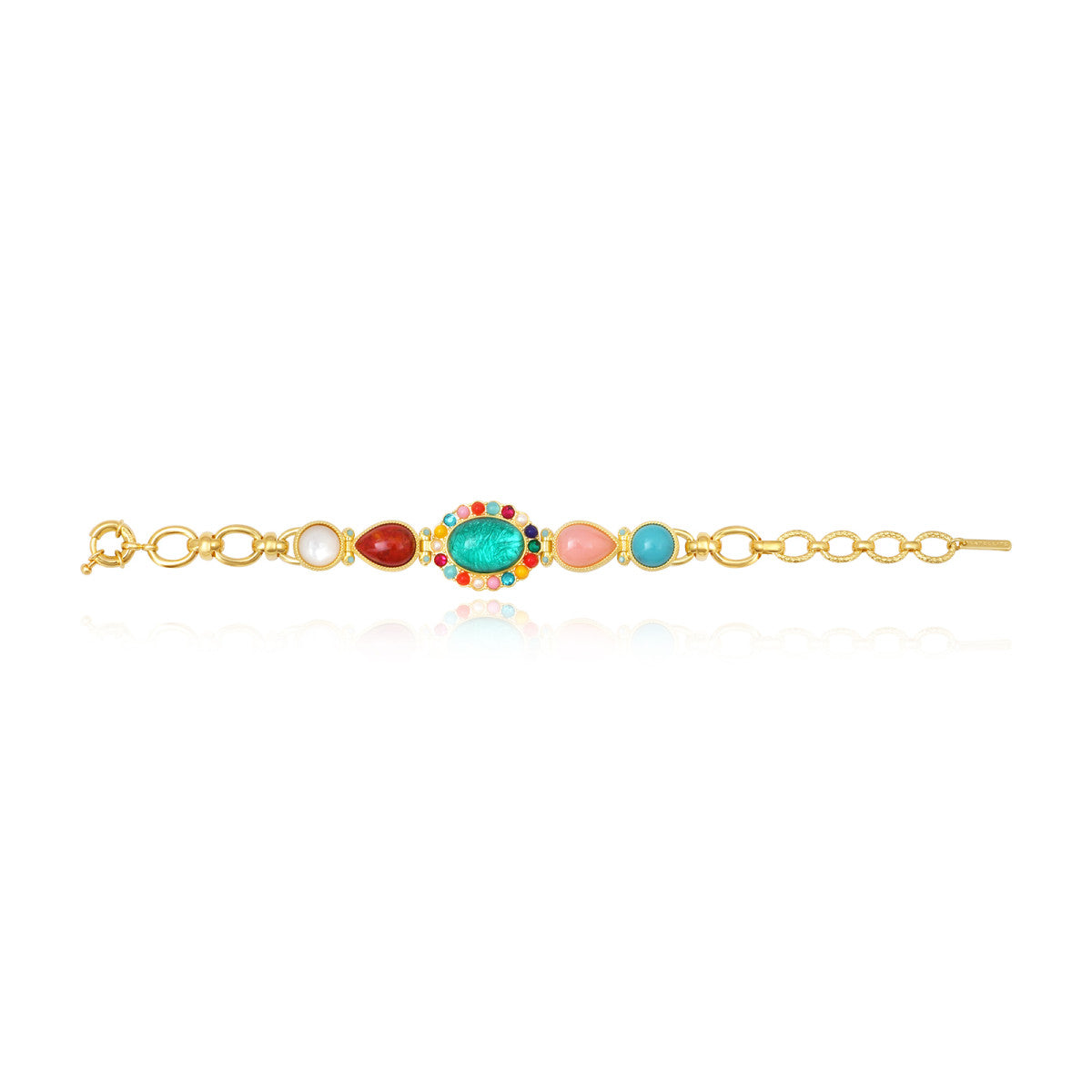Bracelet Océane doré à grosses mailles, cabochon central turquoise et dégradé de cabochons colorés - multi Multi