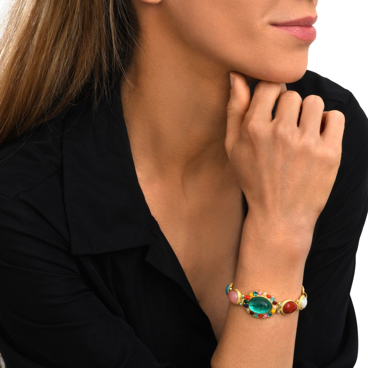 Bracelet Océane doré à grosses mailles, cabochon central turquoise et dégradé de cabochons colorés - multi Multi