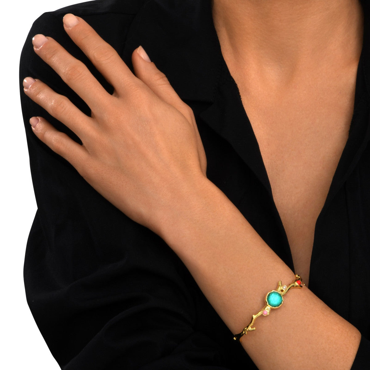Bracelet jonc Océane doré, cabochon rond turquoise et cabochons multicolores - multi Multi