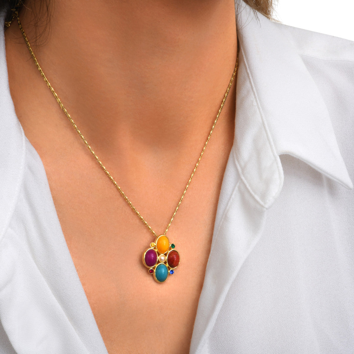 Collier Océane doré à chaîne fine, cabochons et strass colorés - multi Multi