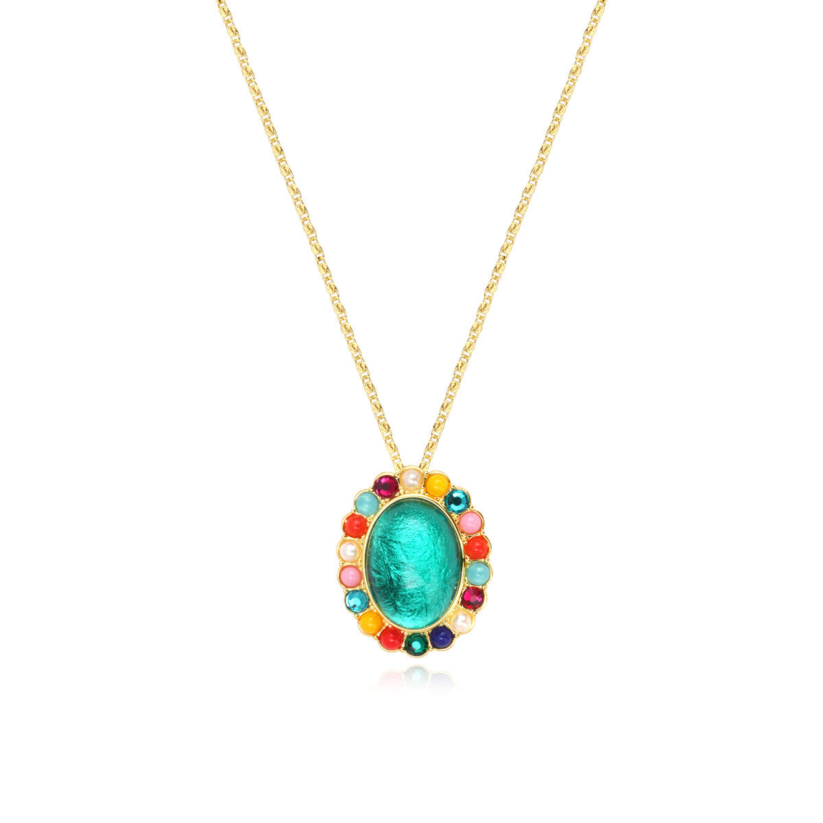 Collier Océane doré à chaîne dorée, pendentif ovale turquoise et strass colorés - multi Multi