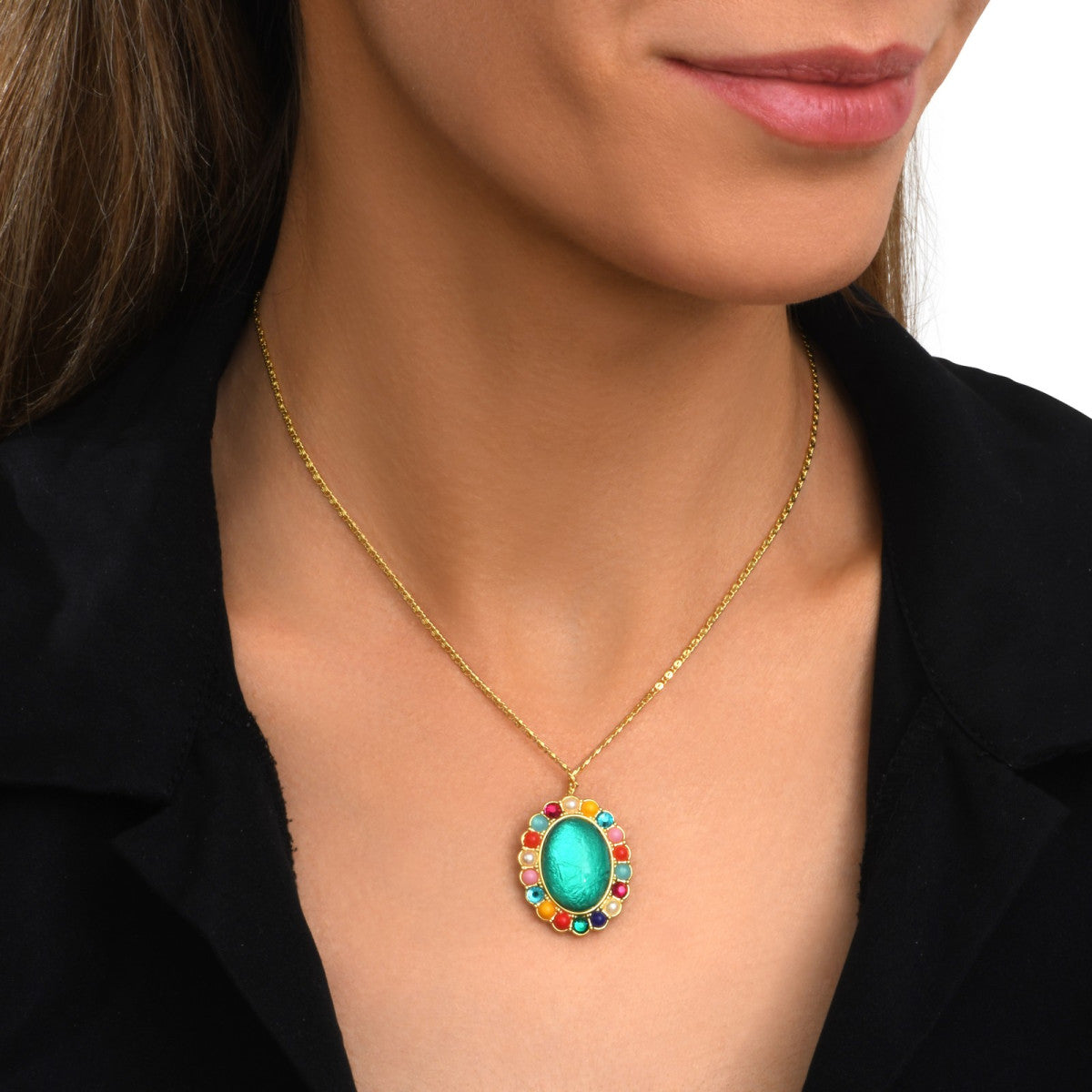 Collier Océane doré à chaîne dorée, pendentif ovale turquoise et strass colorés - multi Multi