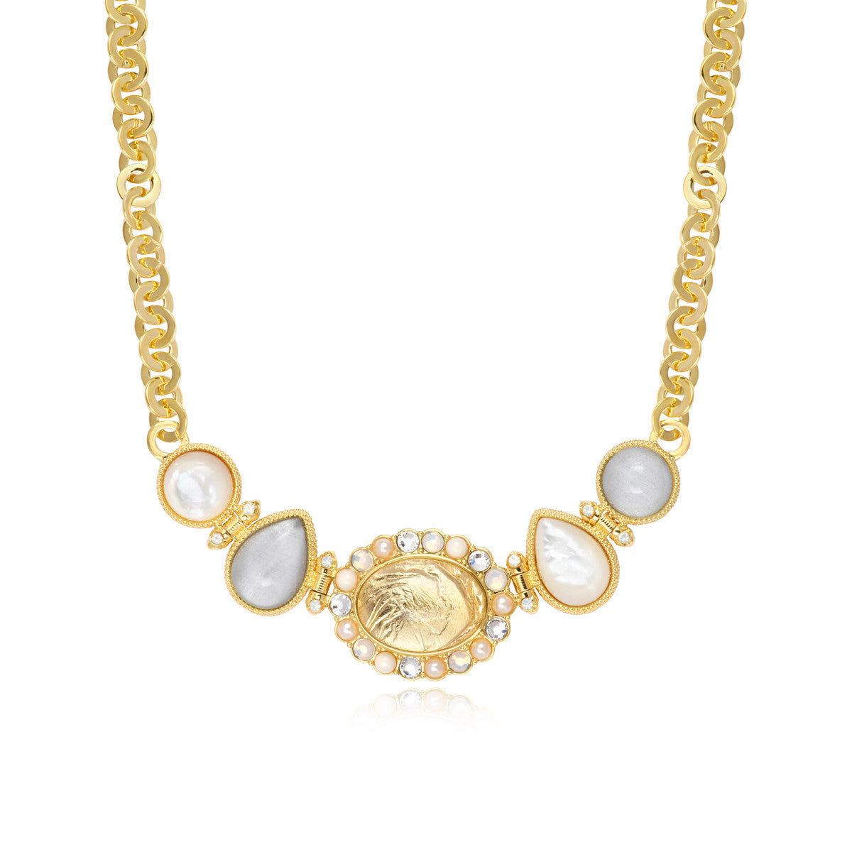 Collier Océane à maillons ronds en métal doré, motif ovale et dégradé nacré - blanc Blanc