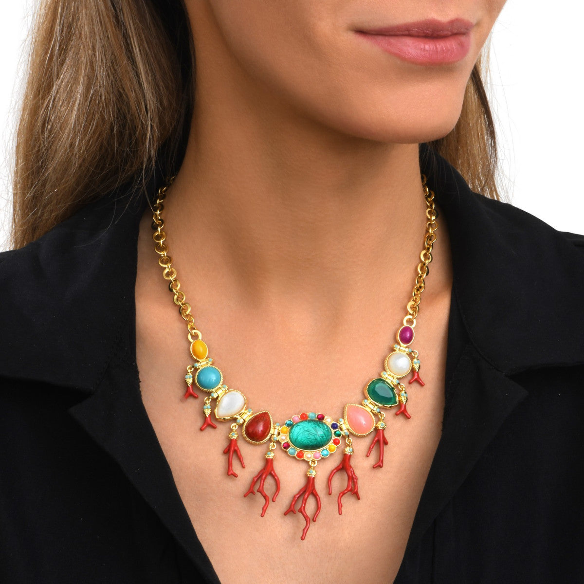 Collier Océane à maillons ronds dorés, cabochons colorés et pendentifs corail - multi Multi