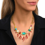 Collier Océane à maillons ronds dorés, cabochons colorés et pendentifs corail - multi Multi
