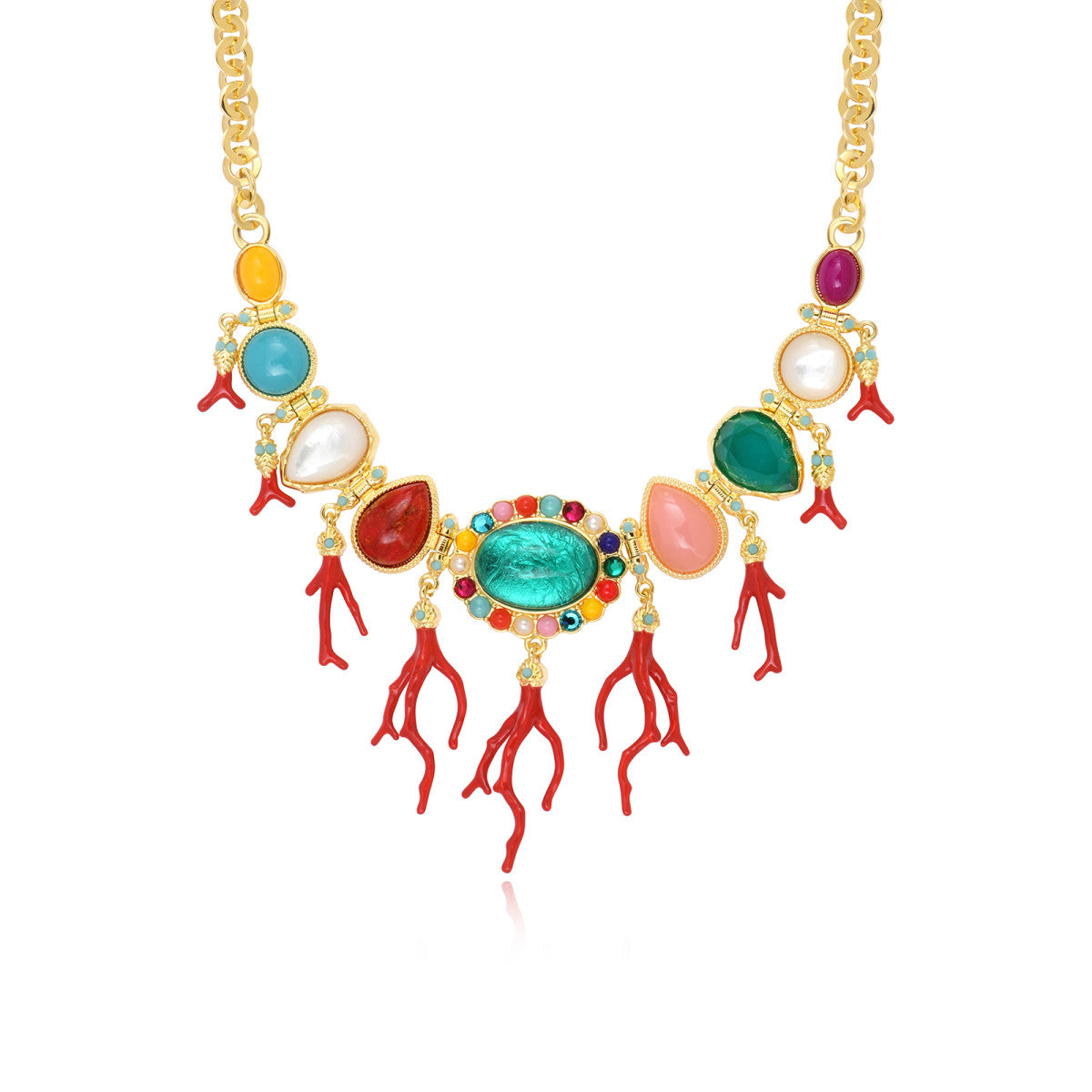 Collier Océane à maillons ronds dorés, cabochons colorés et pendentifs corail - multi Multi