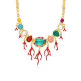Collier Océane à maillons ronds dorés, cabochons colorés et pendentifs corail - multi Multi
