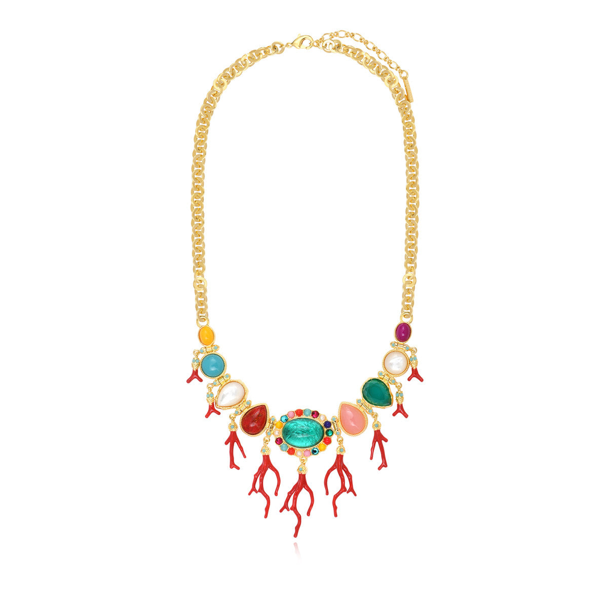 Collier Océane à maillons ronds dorés, cabochons colorés et pendentifs corail - multi Multi