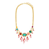 Collier Océane à maillons ronds dorés, cabochons colorés et pendentifs corail - multi Multi